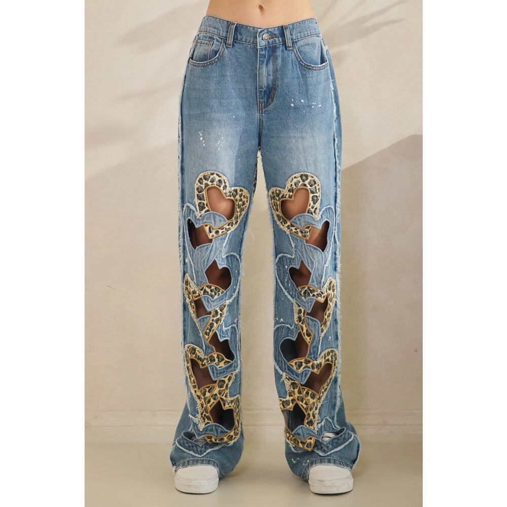 "Fierce Love" Leopard Heart Cut Out Jeans - Picture 3 of 5